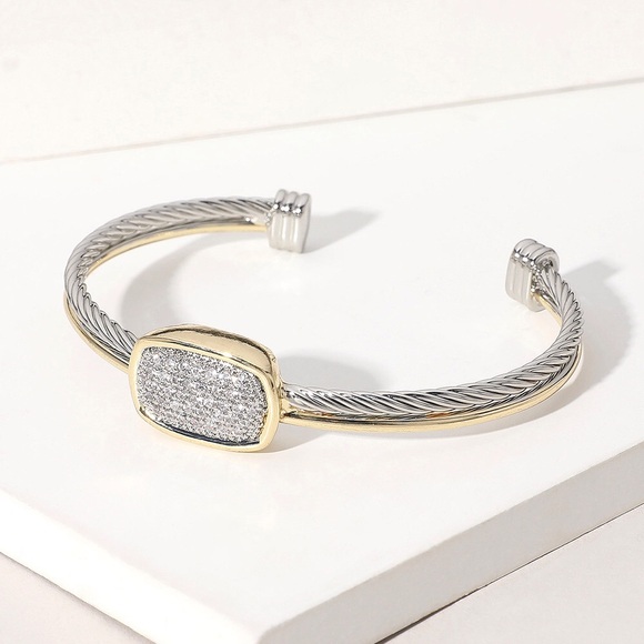 Two Tone Oval Embellished Pave Cable Cuff - Picture 3 of 5